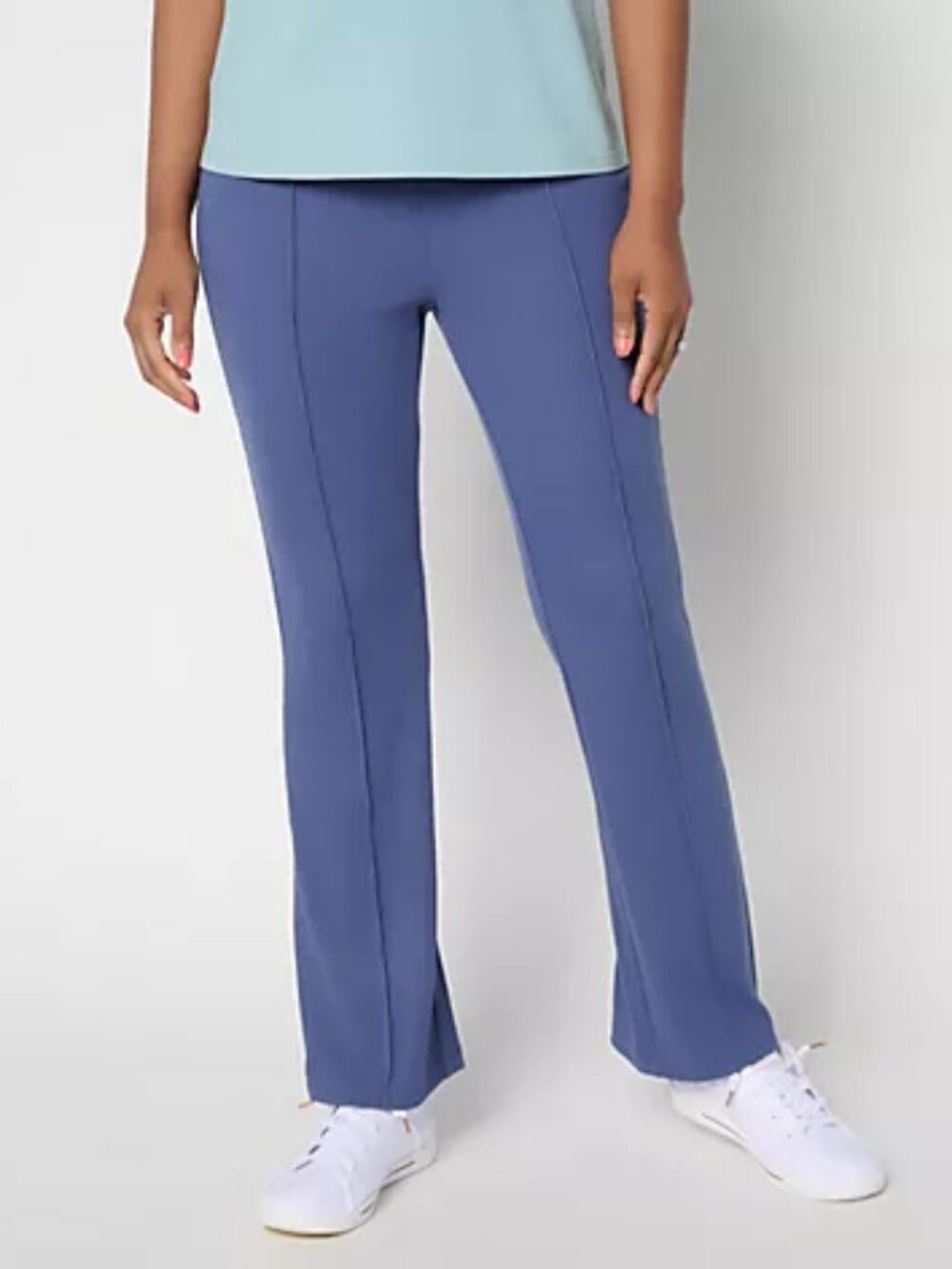 LOGO by Lori Goldstein Petite Full Length Knit Rib Flare Pants,Blue Sz 1XP a6990